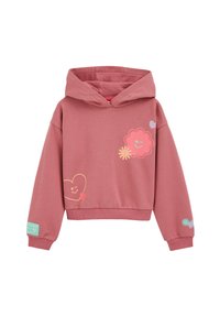 Rózsaszín, rövid fazonú kapucnis pulóver puha anyagból, élénk színű nyomott ikonokkal, mint szívek és virágok az elején és az ujjakon.