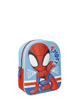 Zaino per bambini azzurro chiaro e rosso con un cartone animato di Spider-Man accovacciato, con motivi di ragnatela e la scritta "Spidey".