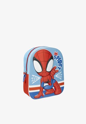 Zaino per bambini azzurro chiaro e rosso con un cartone animato di Spider-Man accovacciato, con motivi di ragnatela e la scritta "Spidey".