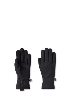 Paire de gants d'hiver noirs en tissu texturé, avec des bandeaux élastiques aux poignets et de petites attaches, présentée à plat avec les paumes et le dos visibles.
