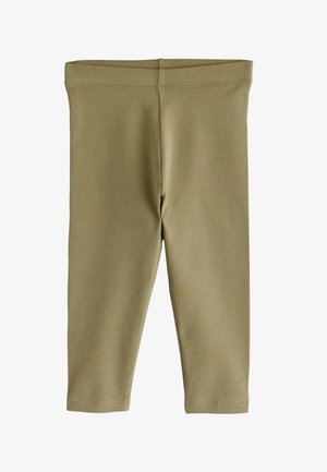 Enkle olivengrønne leggings med elastisk talje, enkel syning og uden mønstre eller dekorationer.