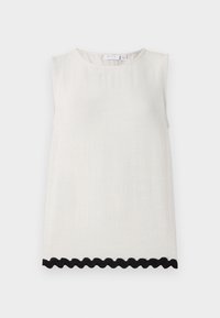 Débardeur sans manches en lin écru avec un col rond et un tissu texturé ; présente une bordure en noir festonné au niveau de l'ourlet.