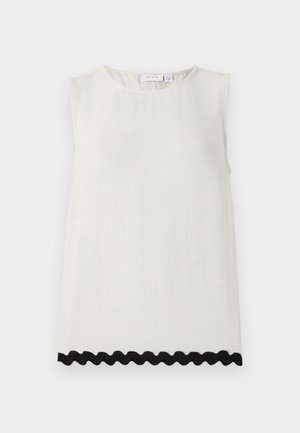 Top senza maniche in lino crema con scollatura rotonda e tessuto testurizzato; presenta un orlo con bordo scallop nero.