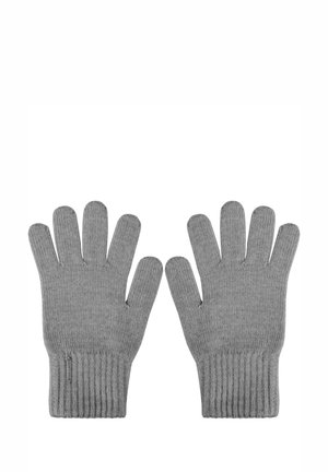 Gray knitted gloves with five finger openings, ribbed cuffs, and a soft texture, designed for warmth and dexterity in cooler weather.