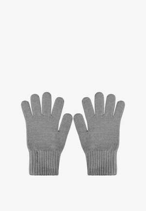 Gray knitted gloves with five finger openings, ribbed cuffs, and a soft texture, designed for warmth and dexterity in cooler weather.