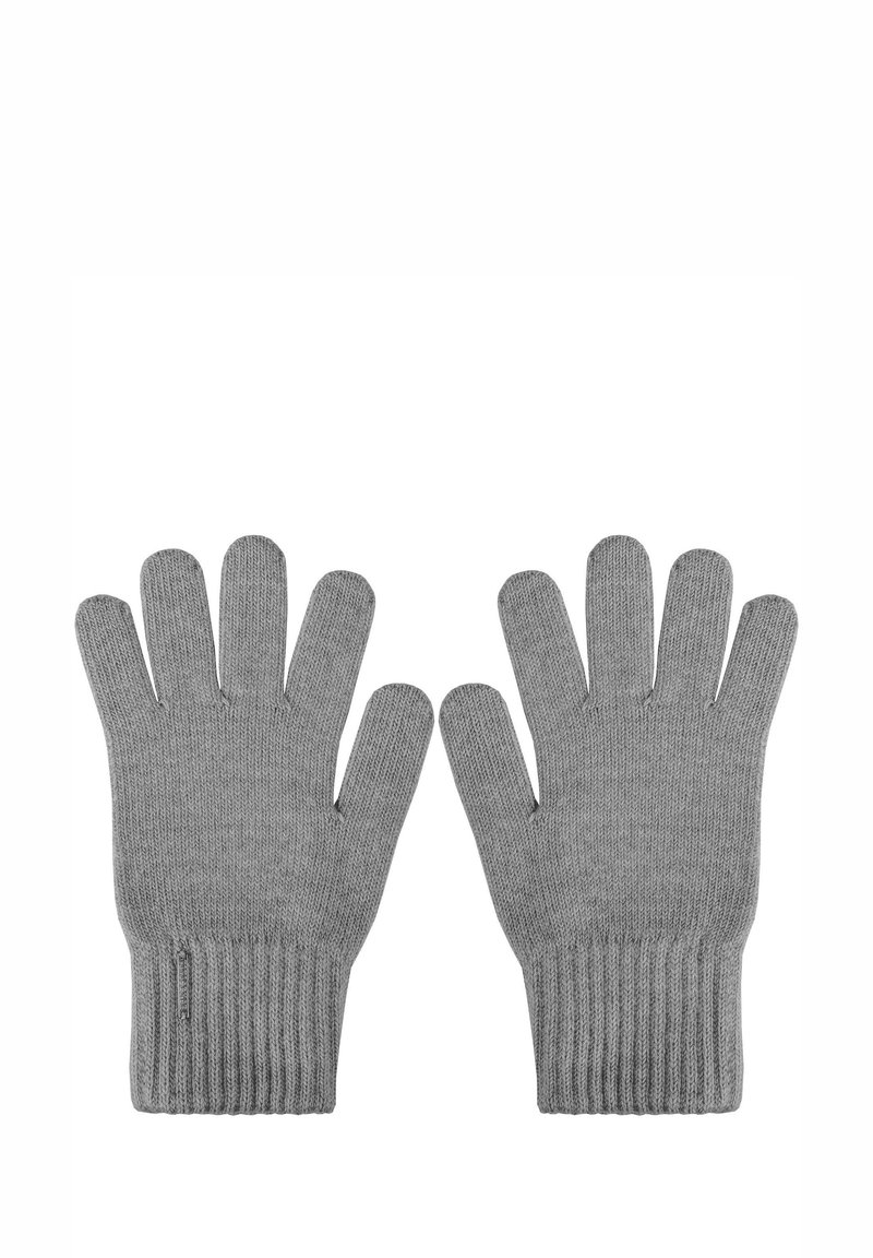 Gray knitted gloves with five finger openings, ribbed cuffs, and a soft texture, designed for warmth and dexterity in cooler weather.
