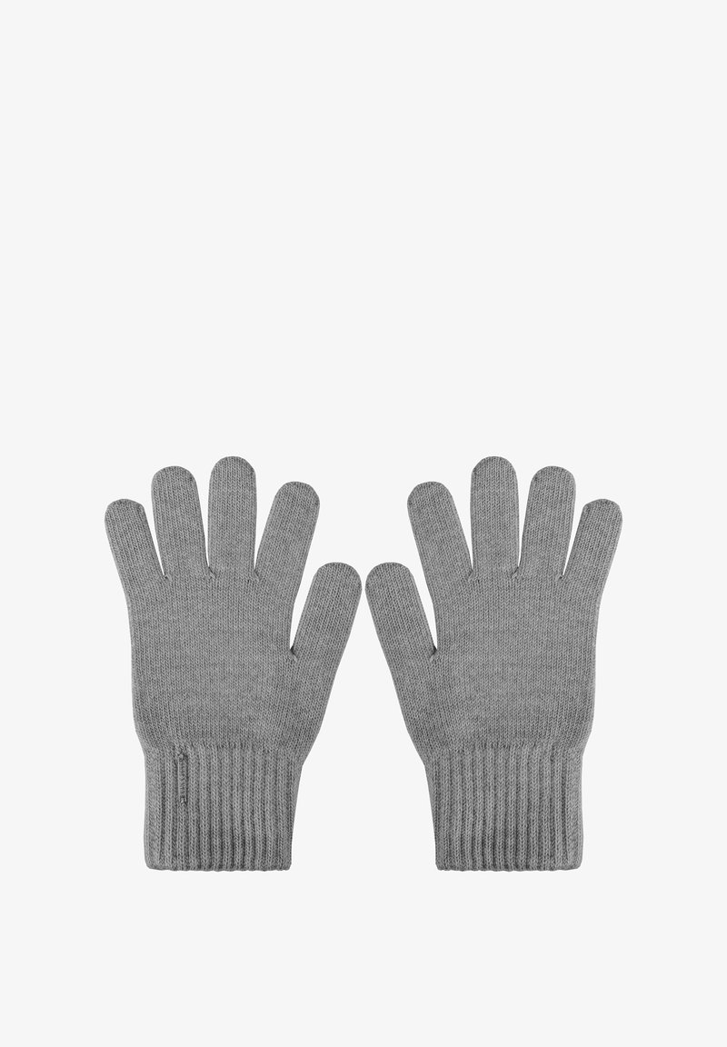 Mănuși tricotate gri cu deschideri pentru fiecare deget, cu manșete ribbate și o textură moale, concepute pentru căldură și dexteritate în vreme rece.