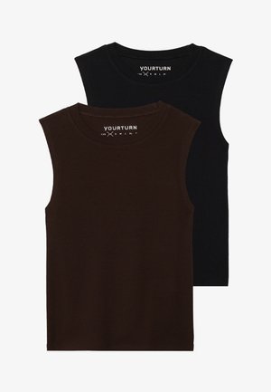 Dois tops de alças sem mangas em castanho escuro e preto. Apresentam um decote redondo e um tecido macio e texturizado.