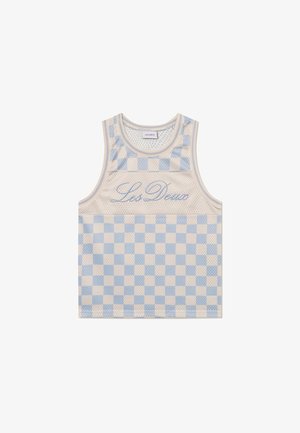 Camisola sem mangas em malha, em padrão xadrez azul claro e bege. Apresenta o logótipo bordado "Les Deux" em itálico na parte da frente.