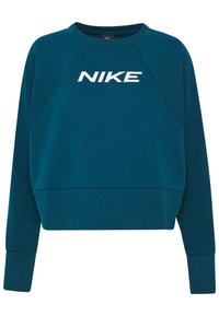 Sweat-shirt court bleu sarcelle en mélange de coton, doté d'un col rond, de manches raglan et d'un logo blanc "NIKE" bien visible sur le devant.