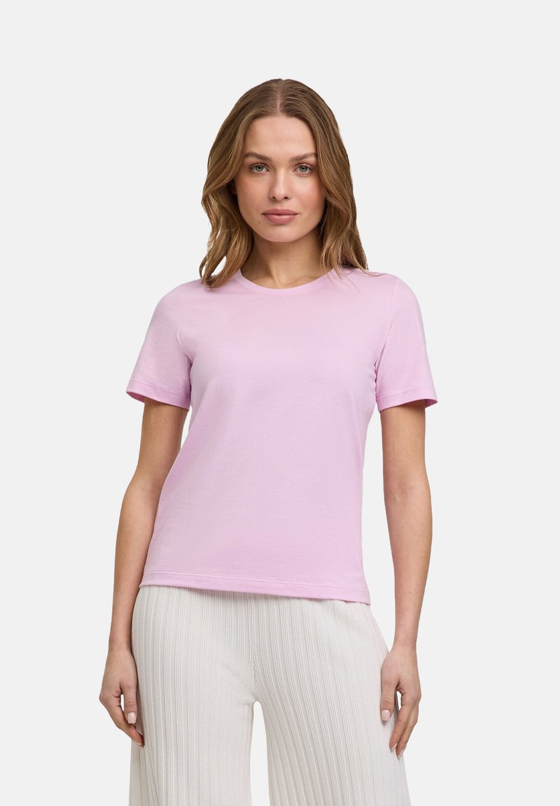 Rosa Kurzarm-T-Shirt mit rundem Halsausschnitt, aus weichem Stoff. Schlichtes Design, taillierter Schnitt mit glatter Textur, keine Muster oder Akzente.