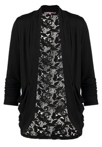 Cardigan noir à manches 3/4 et devant ouvert, avec un panneau en dentelle à motif floral au centre. Tissu doux, coupe décontractée.