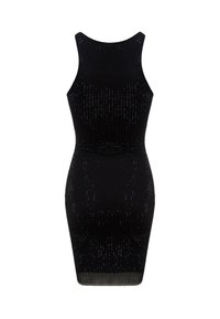 Robe noire moulante avec un col haut, texture côtelée et rangées de petites paillettes scintillantes tout au long. Design élégant et ajusté.