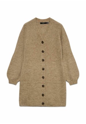 Cardigan beige lavorato a maglia con scollo a V, maniche a sbuffo lunghe e sette bottoni scuri lungo la parte anteriore. Tessuto texturizzato e caldo.