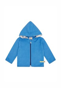 Felpa blu in pile con zip frontale, cappuccio e fodera a motivo in contrasto. Presenta maniche lunghe e un'etichetta sull'orlo.