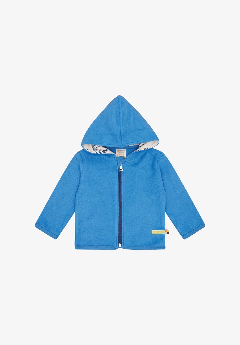 Blauer Fleece-Hoodie mit einem Reißverschluss vorne, Kapuze und kontrastierender, gemusterter Fütterung. Mit langen Ärmeln und einem Etikett am Saum.