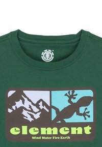 Green t-shirt with mountain and gecko graphics, featuring "element" text and "Wind Water Fire Earth" tagline below in yellow font.