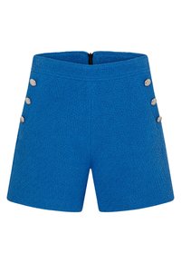 Pantaloni corti blu con texture, con una lunghezza che arriva a metà coscia, caratterizzati da quattro bottoni argentati sul lato sinistro e una zip nascosta sul retro.