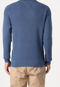 Sininen neulepullover, jossa on teksturoitu chevron-kuvio, ribatut hihansuut ja helma, yhdistettynä khaki-housuihin. Näytetään takaosasta.