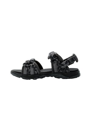 Sandales noires avec deux sangles ajustables arborant un motif texturé, une semelle intérieure rembourrée et une semelle en caoutchouc durable.