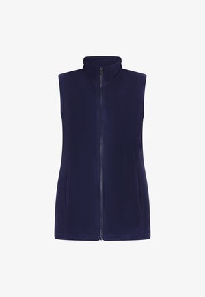 Navyfarbener Fleece-Weste mit hohem Kragen, Reißverschluss vorne und zwei Seitentaschen. Glatte Textur und ärmelloses Design für uneingeschränkte Bewegungsfreiheit.