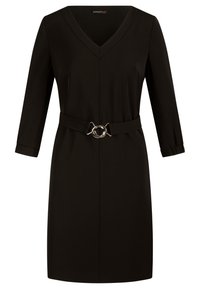 Schwarzes Kleid mit V-Ausschnitt, 3/4-Ärmeln und tailliertem Saum mit einer metallischen Kreisniete. Hergestellt aus glattem Stoff mit figurbetontem Schnitt.