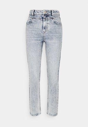 Spodnie dżinsowe w jasnym odcieniu z prostym krojem, wysokim stanem, pięcioma kieszeniami, widocznymi przeszyciami i delikatnym efektem sprania.