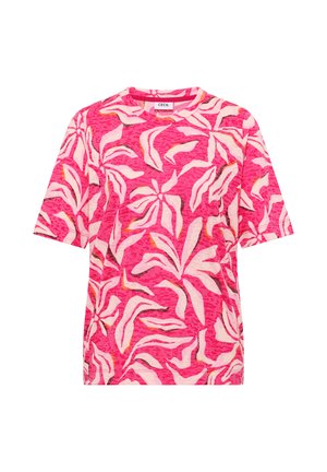 Chemise rose à manches courtes avec des motifs abstraits de feuilles rose clair et orange, et un col rond.