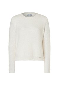 Pull blanc texturé avec un col rond et des manches longues. Le tissu a un aspect doux et duveteux avec un ourlet droit.