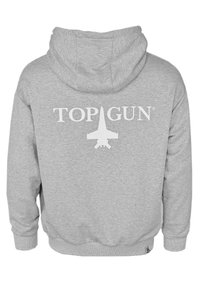 Grå hoodie i bomullsblandning med dragsko i huvan. Har en stor vit "TOP GUN"-logotyp och ett flygplansgrafik på baksidan.