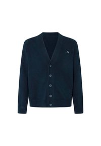 Laivastonsininen neuletakki, joka on valmistettu teksturoidusta neuloskankaasta. Takissa on V-pääntie, kuusi nappia edessä sekä resorit hihansuissa ja helmassa. Rintamuksessa logo.