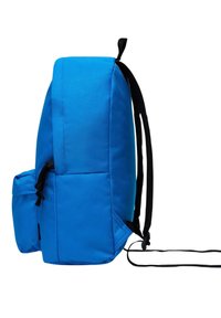 Zaino in poliestere blu con forma quadrata, retro imbottito, spallacci neri e una tasca laterale con cordino per una chiusura sicura.