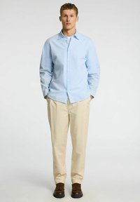 Camisa de botones azul claro con un patrón sutil, combinada con pantalones beige y calzado marrón. Presenta mangas largas y un cuello clásico.