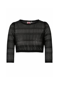 Schwarzes Crop-Top aus strukturiertem Spitzenmaterial mit einem Gittermuster, Dreiviertelärmeln und einem runden Halsausschnitt mit gewelltem Saum.
