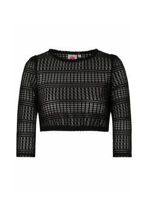 Schwarzes Crop-Top aus strukturiertem Spitzenmaterial mit einem Gittermuster, Dreiviertelärmeln und einem runden Halsausschnitt mit gewelltem Saum.