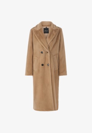 Faux-Fur-Mantel in Hellbraun, doppelreihiges Design, mit Reverskragen, zwei vorderen Taschen und schwarzen Knöpfen. Weiche Textur und mittellang.