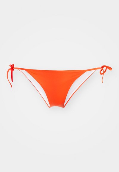 Orange bikini bottom with white side panels, featuring adjustable tie closures at the hips. Smooth fabric, minimal coverage design.