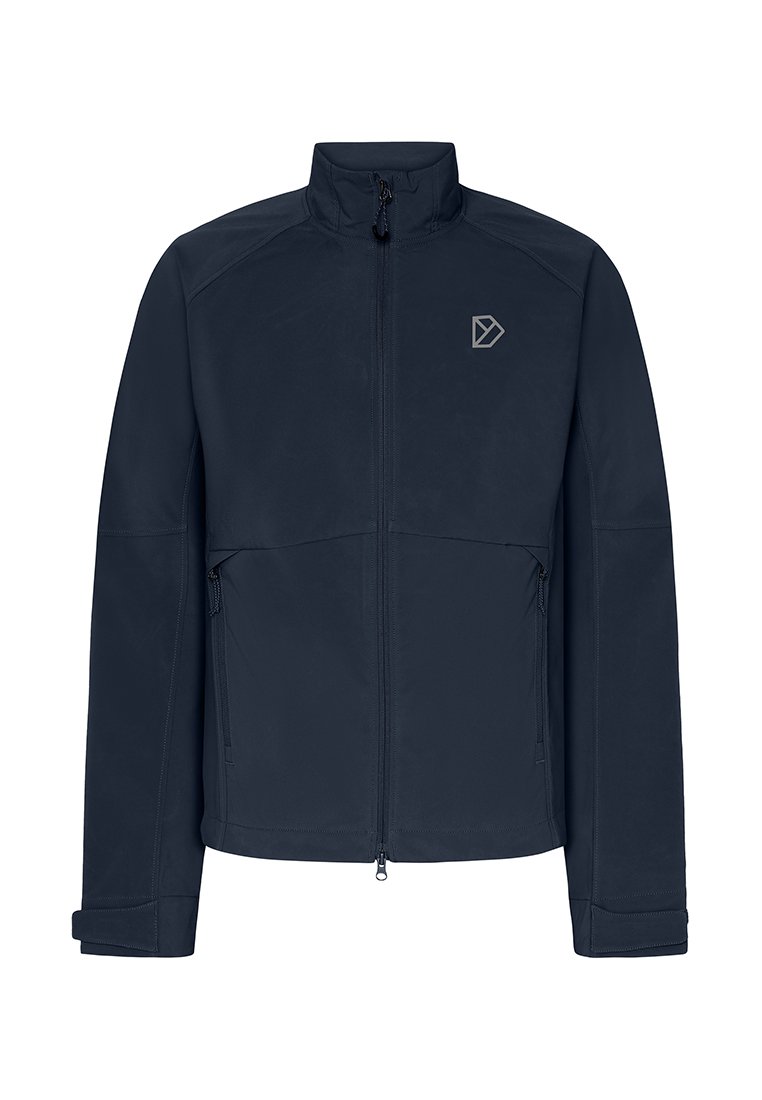 Marineblauwe jas van soepele stof met een hoge kraag, ritssluiting aan de voorkant en twee zijzakken. Bevat een subtiel logo op de borst.
