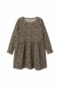 Langsleeve jurk van beige stof met een bruin bloemenpatroon, gathered taille en gerafelde manchetten. Ronde halslijn, relaxed fit en knielang.