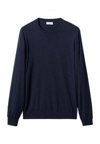 Pull bleu marine à manches longues en tissu doux, doté d'un col rond et de poignets ajustés, avec une texture lisse sans motifs ni logos visibles.