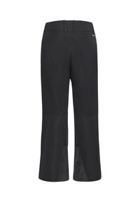 Zwarte outdoor broek met een gladde textuur, voorzien van ritszakken aan de zijkant en een aansluitende tailleband. Ze hebben een cropped lengte en een gestructureerd ontwerp.