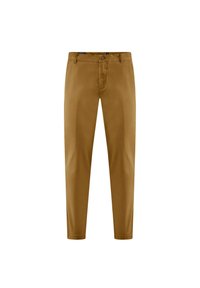 Chinos khaki realizzati in tessuto di cotone morbido, con chiusura a bottone, zip, tasche laterali e design a gamba affusolata.