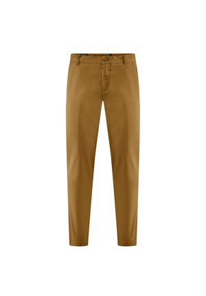Chinos khaki realizzati in tessuto di cotone morbido, con chiusura a bottone, zip, tasche laterali e design a gamba affusolata.