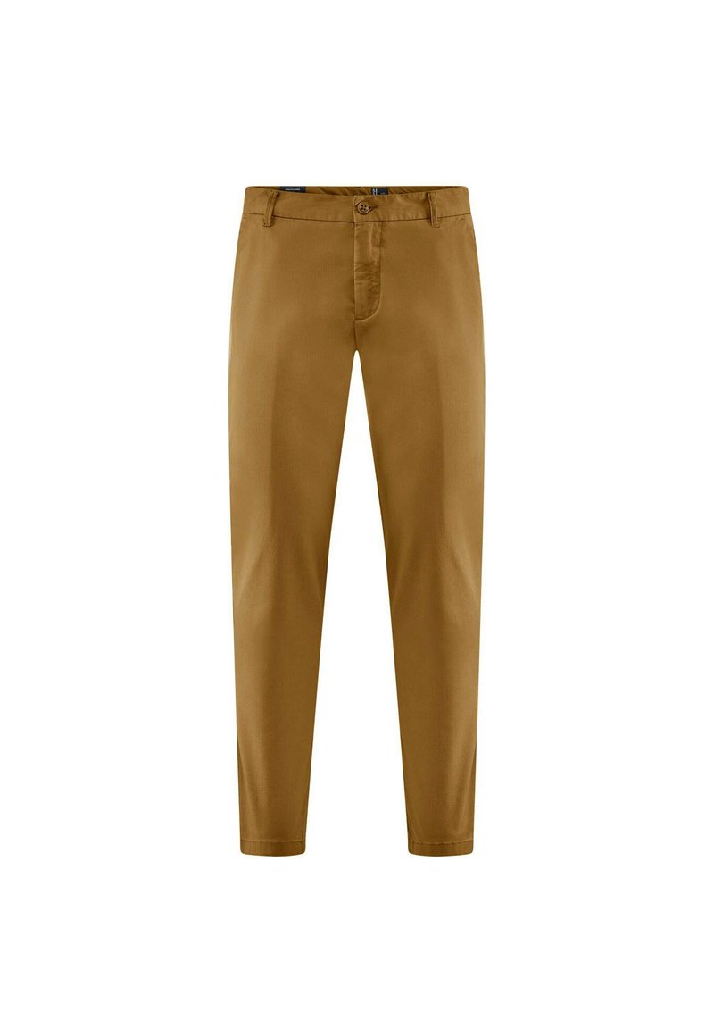 Chinos khaki realizzati in tessuto di cotone morbido, con chiusura a bottone, zip, tasche laterali e design a gamba affusolata.