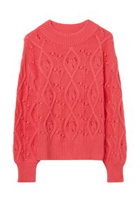 Maglione a maglia corallo con un motivo a diamante testurizzato, colletto a girocollo a coste e maniche lunghe. Presenta dettagli in pizzo in tutta la sua superficie.