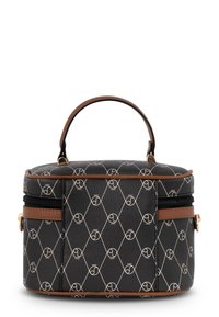 Zwarte cosmetica-tas met geometrisch patroon, bruine accenten, dubbele ritssluiting en een afgeronde handgreep. Gestructureerd synthetisch materiaal.