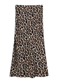 Jupe midi en imprimé léopard avec une base beige et des taches noires et brunes. Forme fluide avec une texture lisse et un ourlet large.