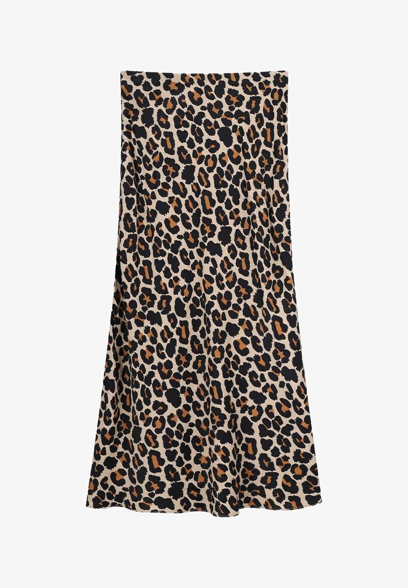 Jupe midi en imprimé léopard avec une base beige et des taches noires et brunes. Forme fluide avec une texture lisse et un ourlet large.