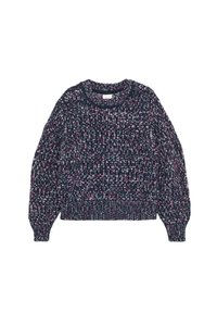 Marineblauer Strickpullover mit rosa, weißen und türkisfarbenen Sprenkeln. Verfügt über lange Ärmel, einen Rundhalsausschnitt sowie gerippte Säume und Bündchen. Weiche Textur.