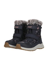 Marineblaue Schneestiefel mit einem flauschigen grauen Kragen, verziert mit pinken Schneeflockenmustern, doppelten Velcro-Riemen und einer strukturierten Gummisohle.
